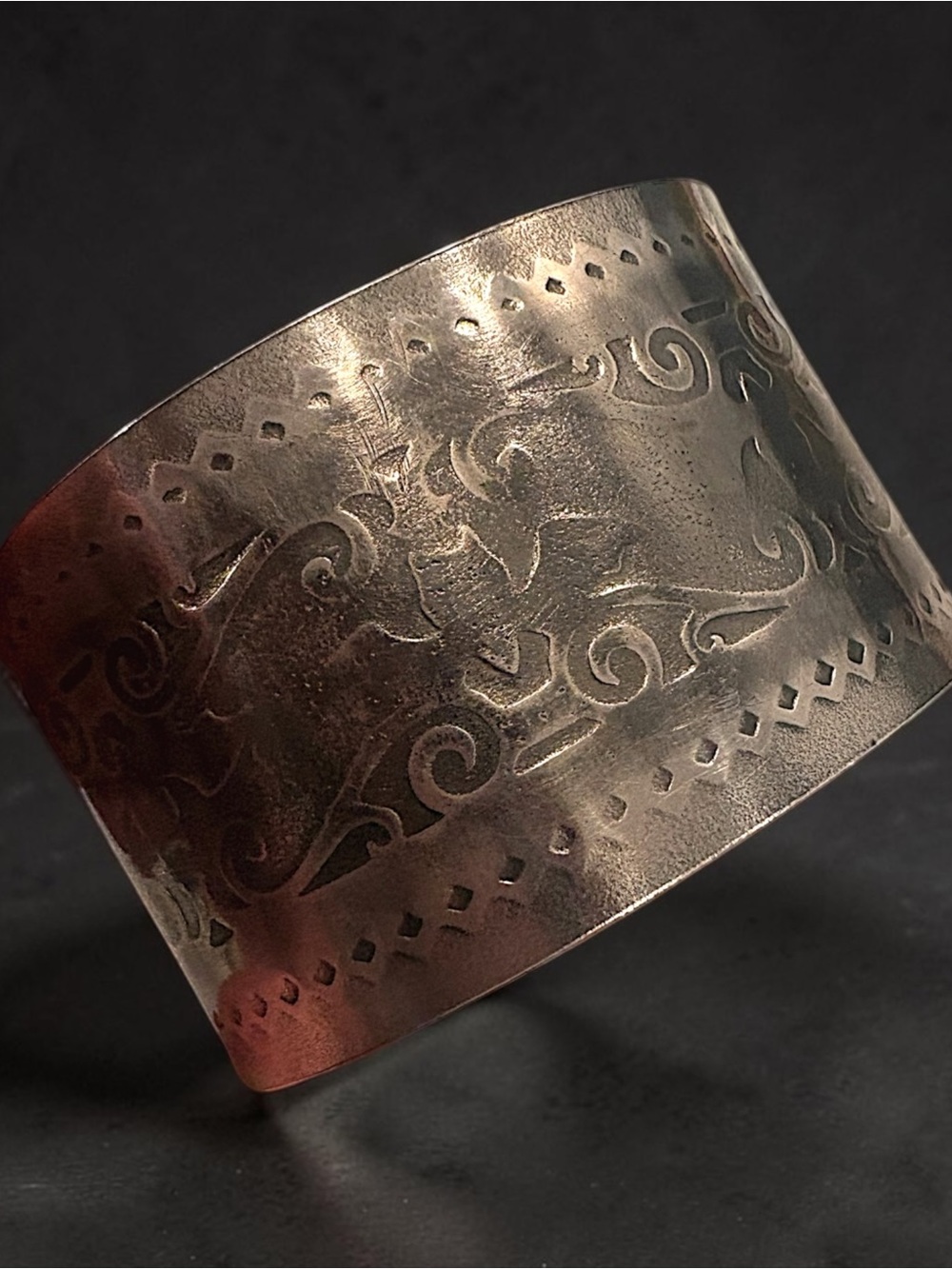 Hand Forged Pewter (100% pure) 2” Wide Embossed (impressed) Cuff Bracelet
